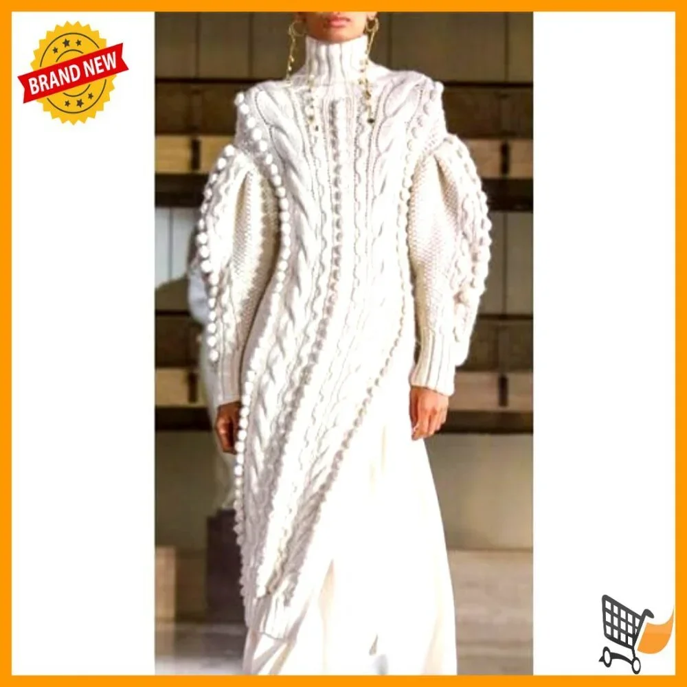 Textured Knit Puff Sleeve High Neck Maxi Dress with Split Hem